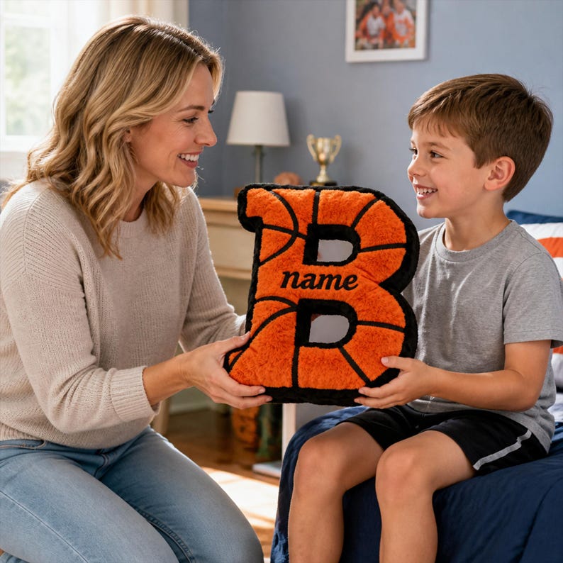 Personalized Basketball Letter Pillow, Custom Name Pillow, Alphabet Sports Cushion, Kids Basketball Room Decor