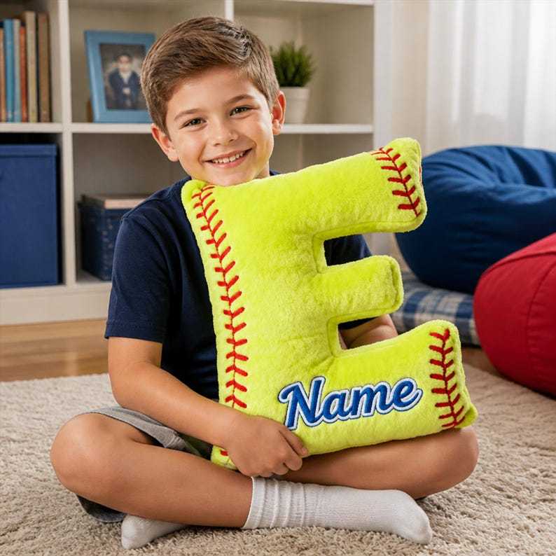 Personalized Softball Letter Pillow, Custom Initial Pillow, Softball Gift for Girls, Sports Room Decor