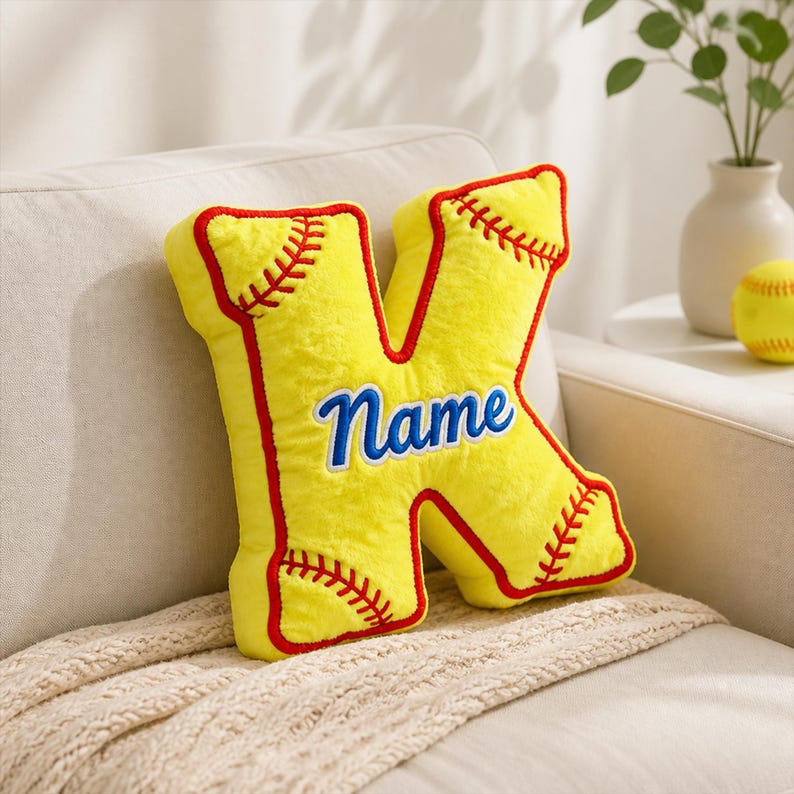 Personalized Softball Letter Pillow, Custom Initial Pillow, Softball Gift for Girls, Sports Room Decor