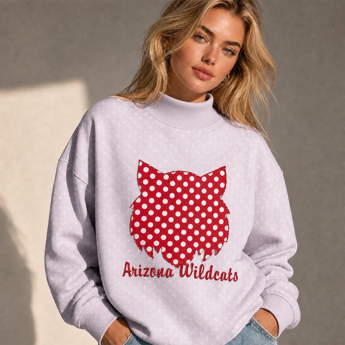 Custom Polka Dot Mock Neck Sweatshirt with Mascot Applique & Side Bow | Game Day Wear