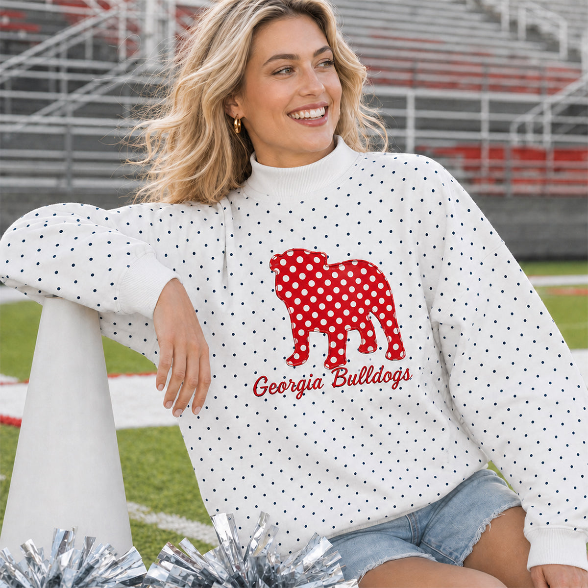 Custom Polka Dot Mock Neck Sweatshirt with Mascot Applique & Side Bow | Game Day Wear