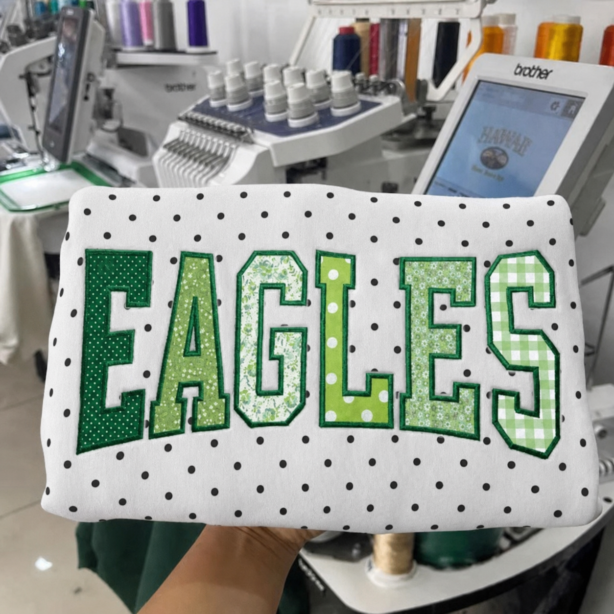 Custom Patchwork Fabric Embroidered Polka Dot Sweatshirt Team and School Name Applique Varsity Letters | Game Day Wear