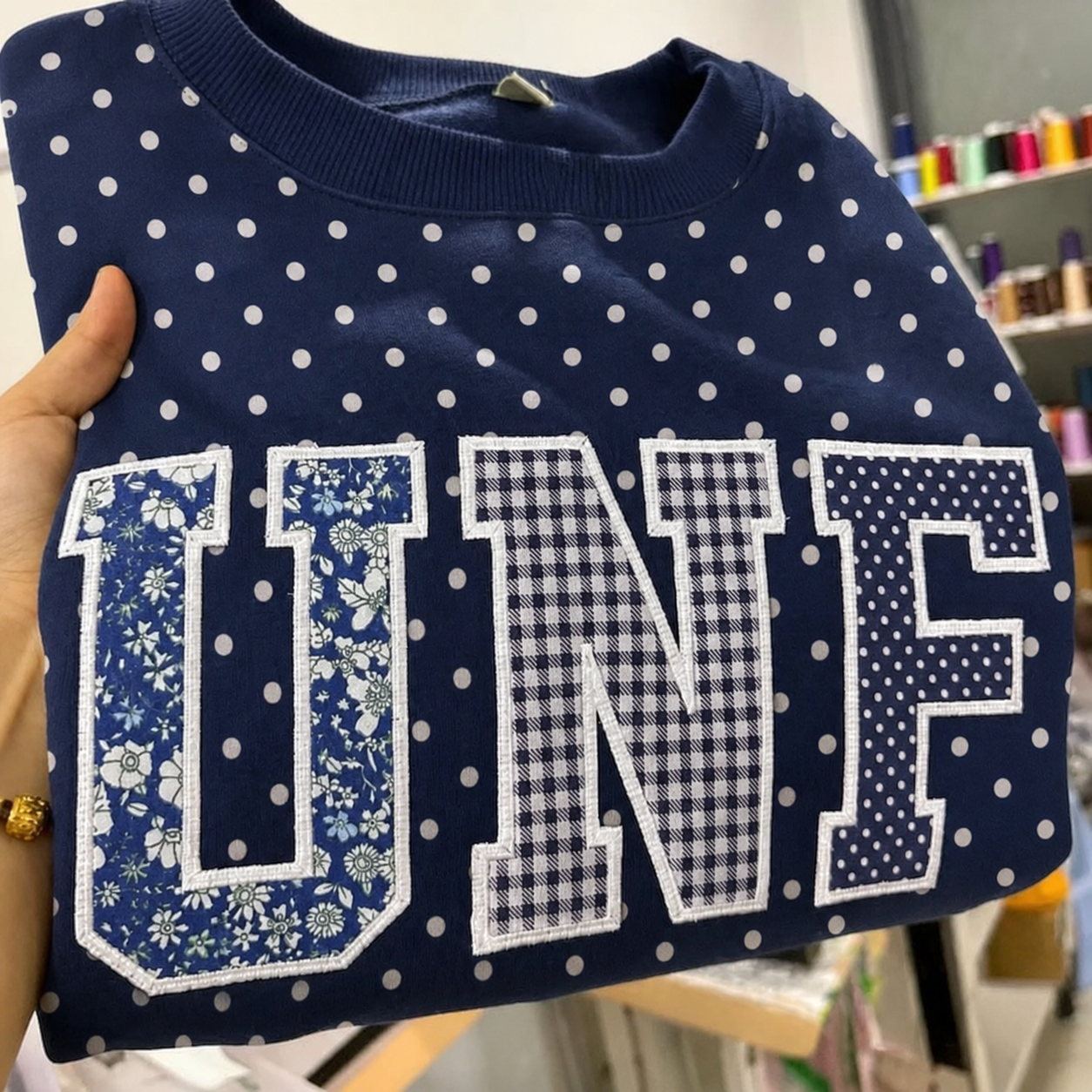Custom Patchwork Fabric Embroidered Polka Dot Sweatshirt Team and School Name Applique Varsity Letters | Game Day Wear