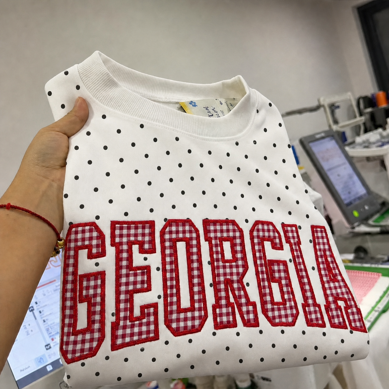 Custom Patchwork Fabric Embroidered Polka Dot Sweatshirt Team and School Name Applique Varsity Letters | Game Day Wear