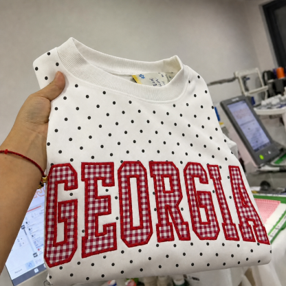 Custom Patchwork Fabric Embroidered Polka Dot Sweatshirt Team and School Name Applique Varsity Letters | Game Day Wear