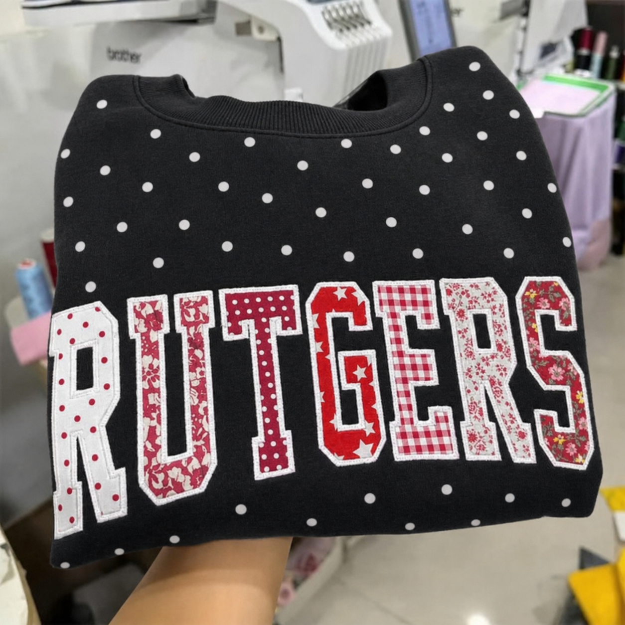 Custom Patchwork Fabric Embroidered Polka Dot Sweatshirt Team and School Name Applique Varsity Letters | Game Day Wear