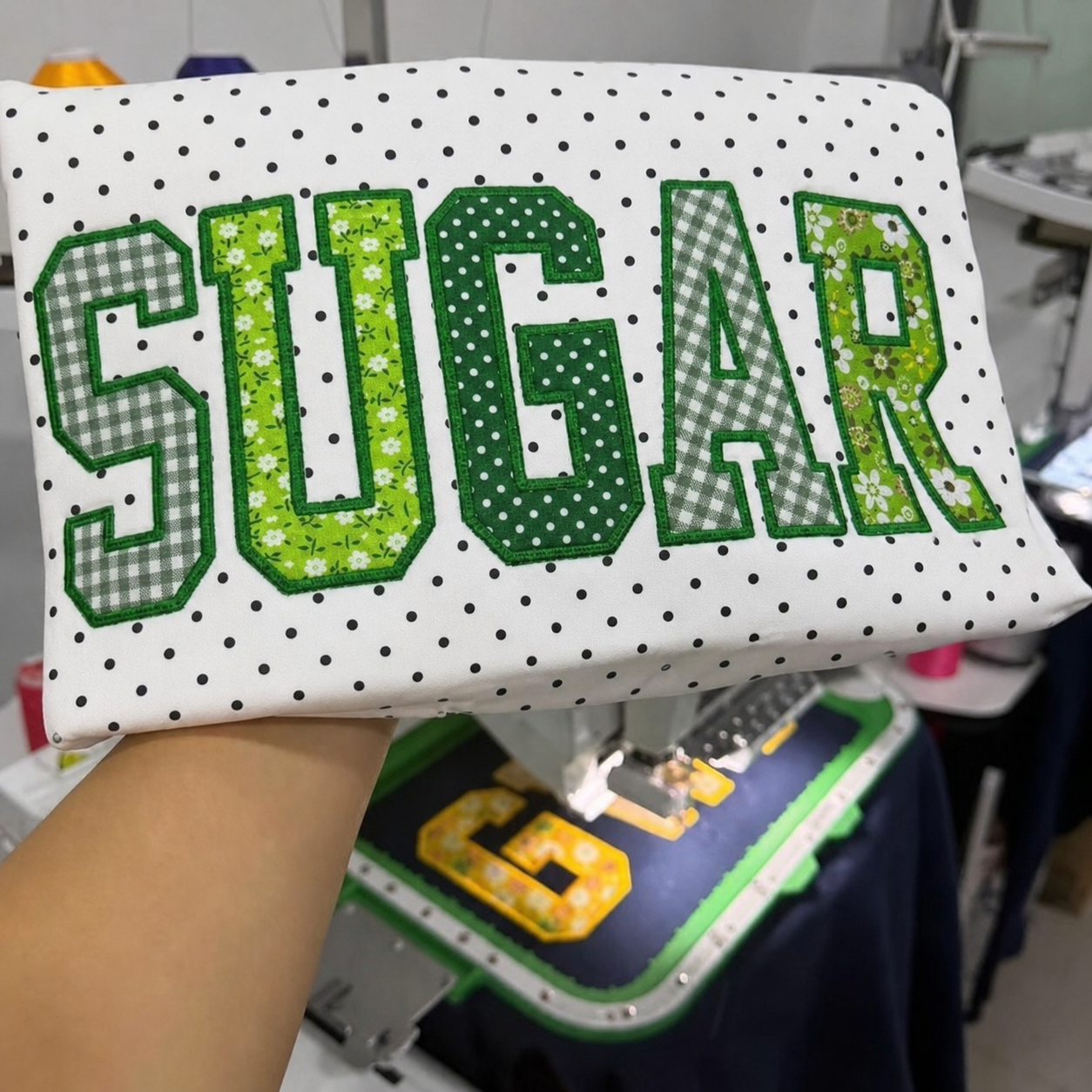 Custom Patchwork Fabric Embroidered Polka Dot Sweatshirt Team and School Name Applique Varsity Letters | Game Day Wear