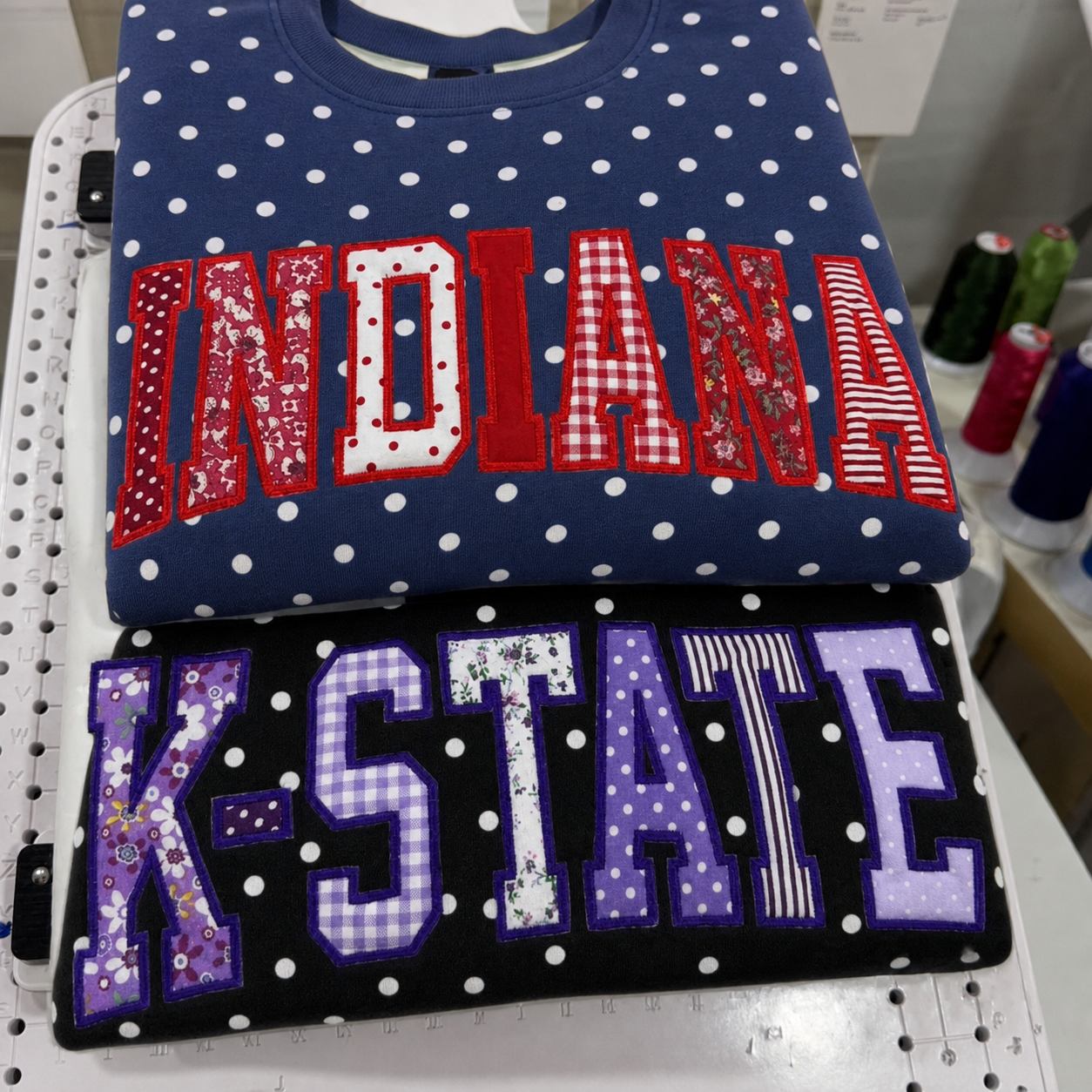 Custom Patchwork Fabric Embroidered Polka Dot Sweatshirt Team and School Name Applique Varsity Letters | Game Day Wear