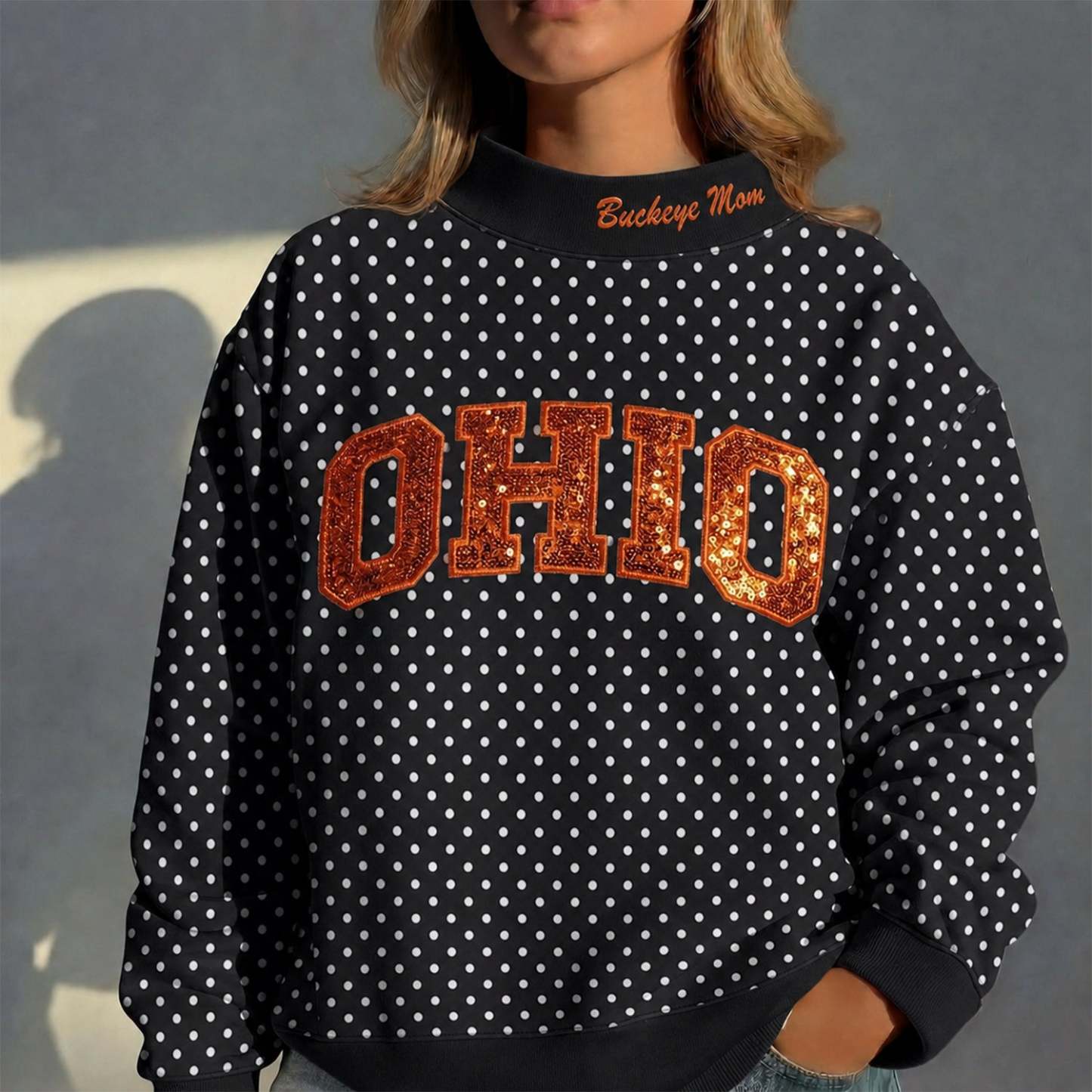 Custom Mockneck Sequin Team Name Polka Dot Mockneck – Stand-up Collar | Gifts for Sports Mom | Game Day Wear