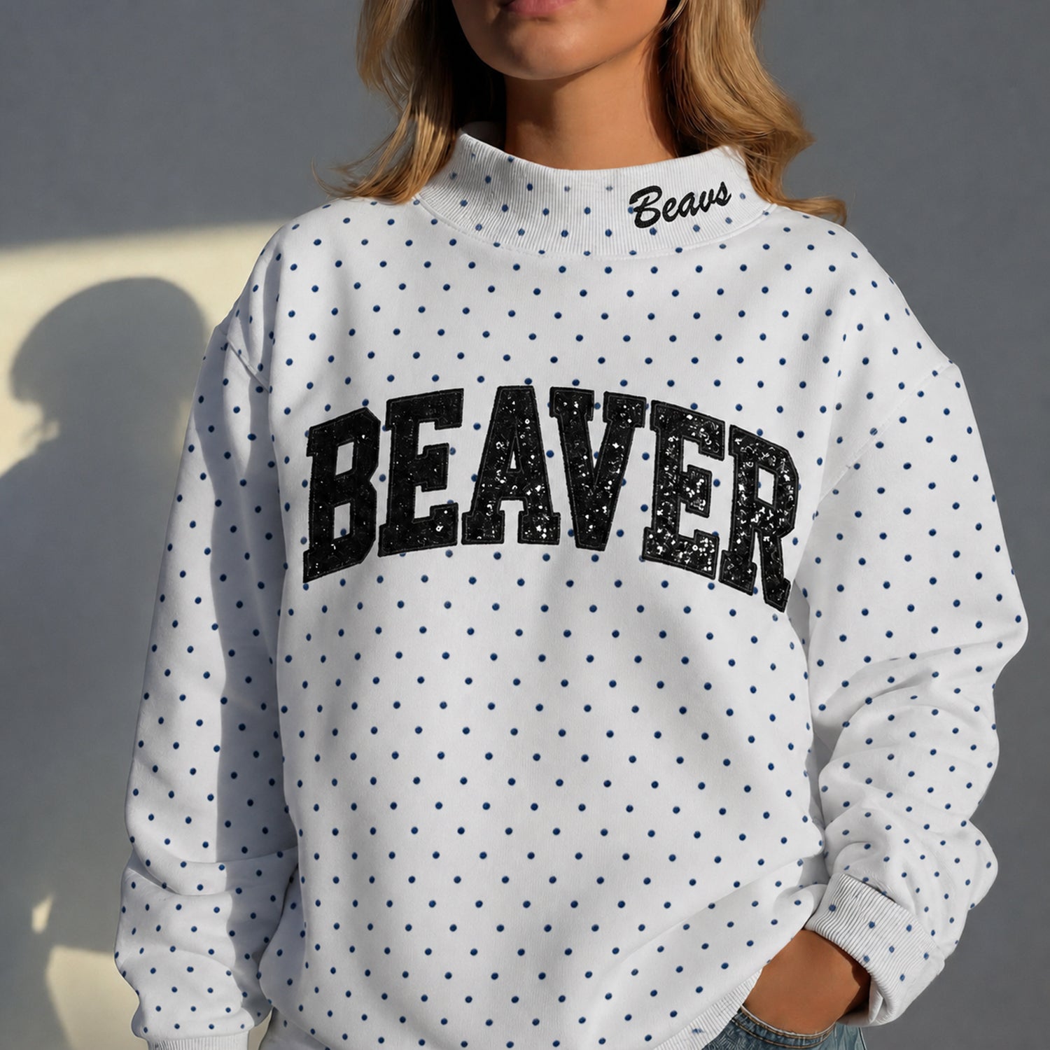 Custom Mockneck Sequin Team Name Polka Dot Mockneck – Stand-up Collar | Gifts for Sports Mom | Game Day Wear