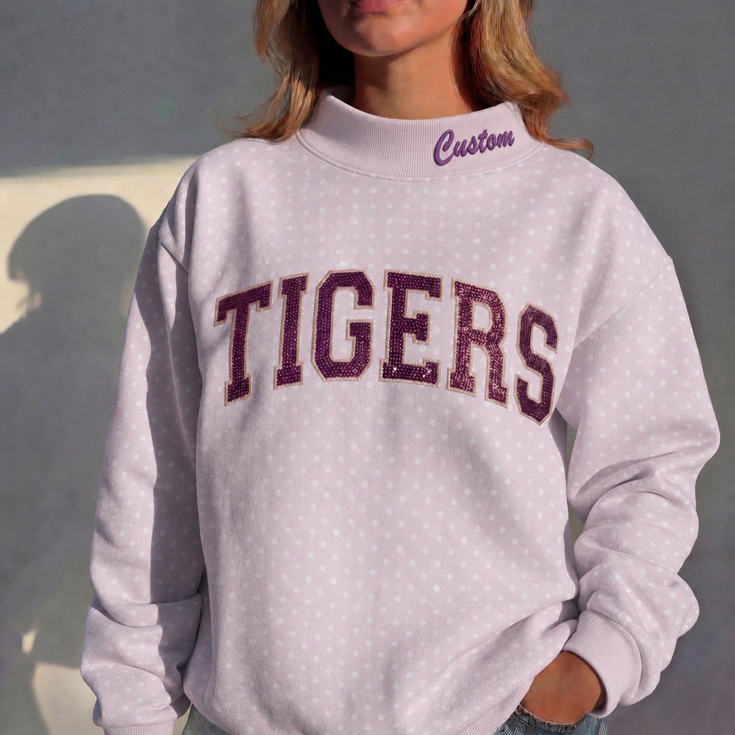 Custom Mockneck Sequin Team Name Polka Dot Mockneck – Stand-up Collar | Gifts for Sports Mom | Game Day Wear