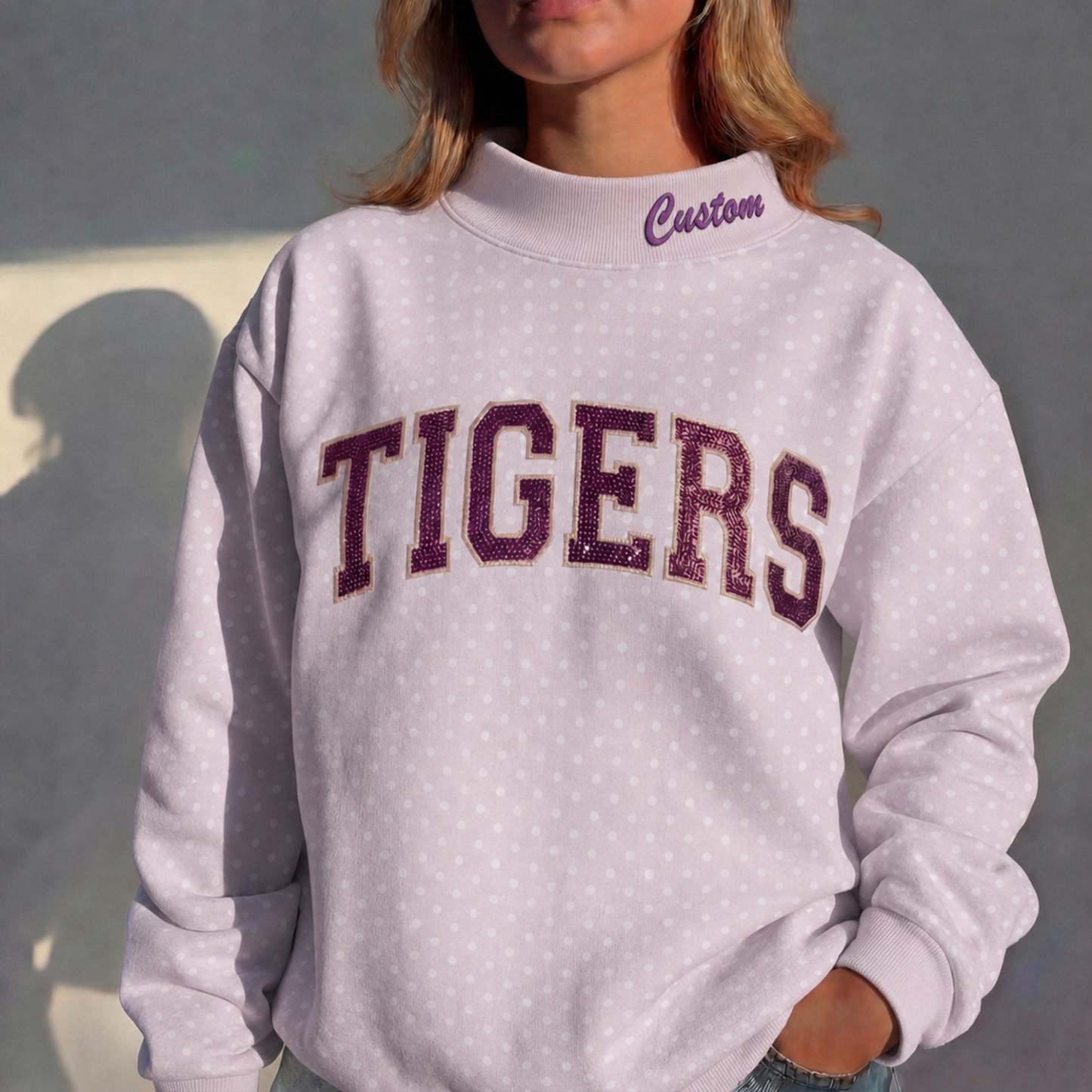 Custom Mockneck Sequin Team Name Polka Dot Mockneck – Stand-up Collar | Gifts for Sports Mom | Game Day Wear