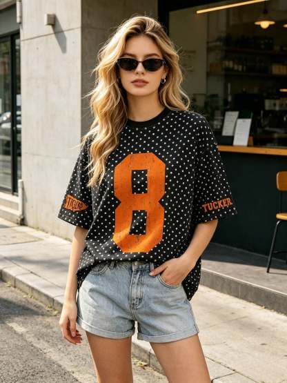 Custom Vintage Varsity Number or Letter Sport Team Polka Dot T-shirt | Game Day Wear