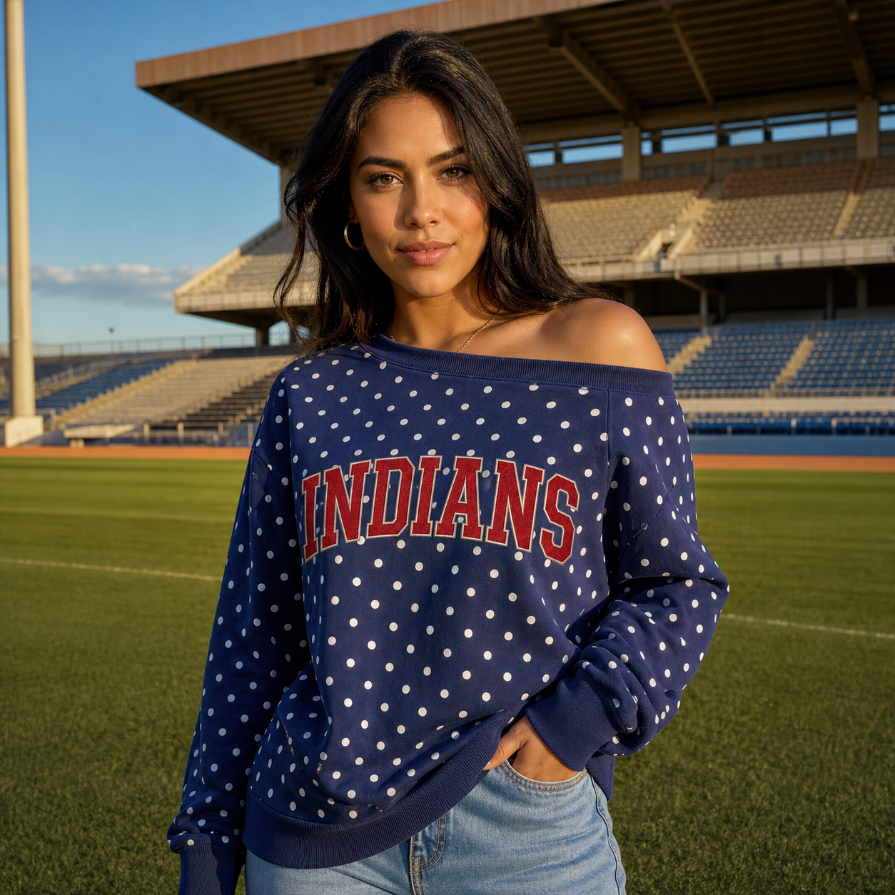 Custom Team Name Off-Shoulder Polka Dot Sweatshirt | Personalized College Spirit Top