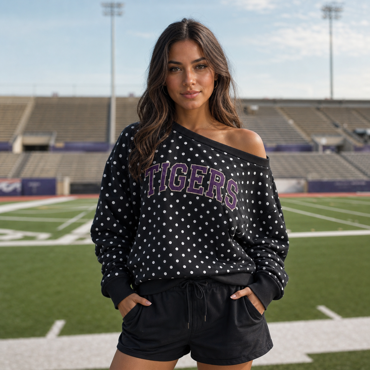 Custom Team Name Off-Shoulder Polka Dot Sweatshirt | Personalized College Spirit Top