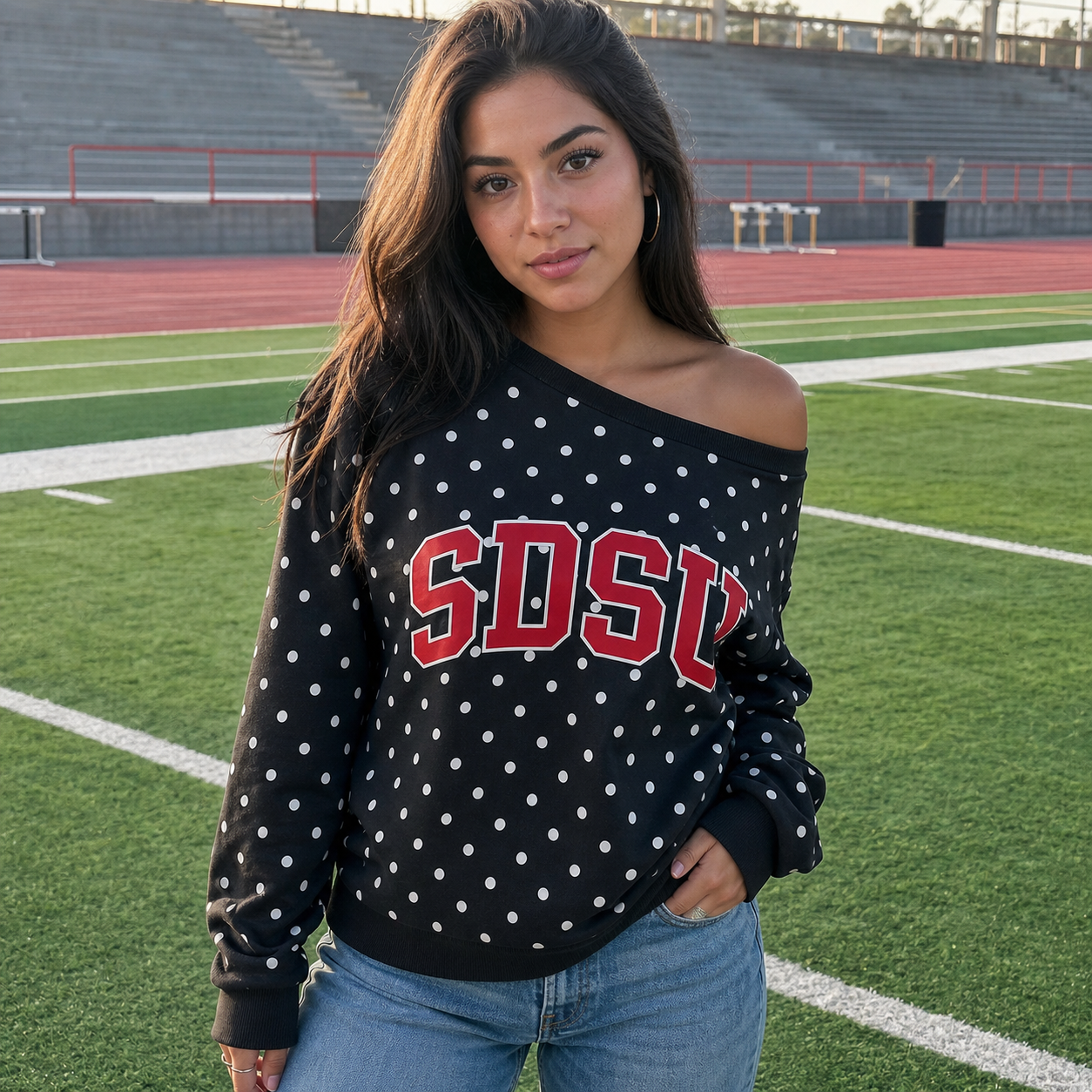 Custom Team Name Off-Shoulder Polka Dot Sweatshirt | Personalized College Spirit Top