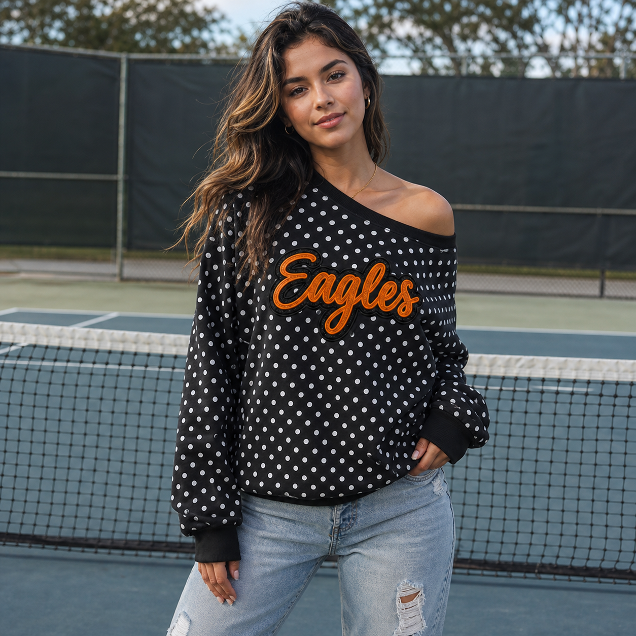 Custom Glitter Team Mascot Off-Shoulder Polka Dot Sweatshirt - Game Day Spirit Wear
