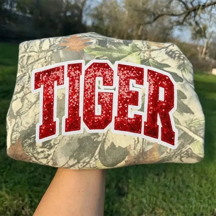 Custom Camo Off-Shoulder Sequin Game Day Sweatshirt