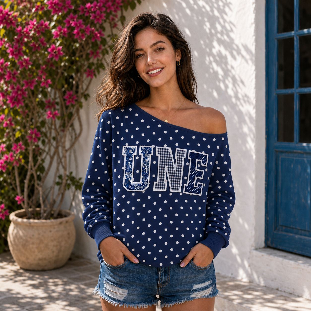 Custom Patchwork Fabric Embroidered Off-Shoulder Polka Dot Sweatshirt |Team and School Name Applique Varsity Letters | Game Day Wear