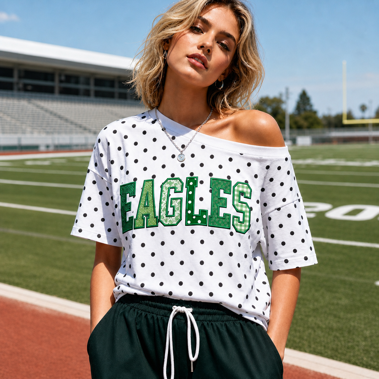 Custom Patchwork Fabric Embroidered Off-Shoulder Polka Dot Sweatshirt |Team and School Name Applique Varsity Letters | Game Day Wear