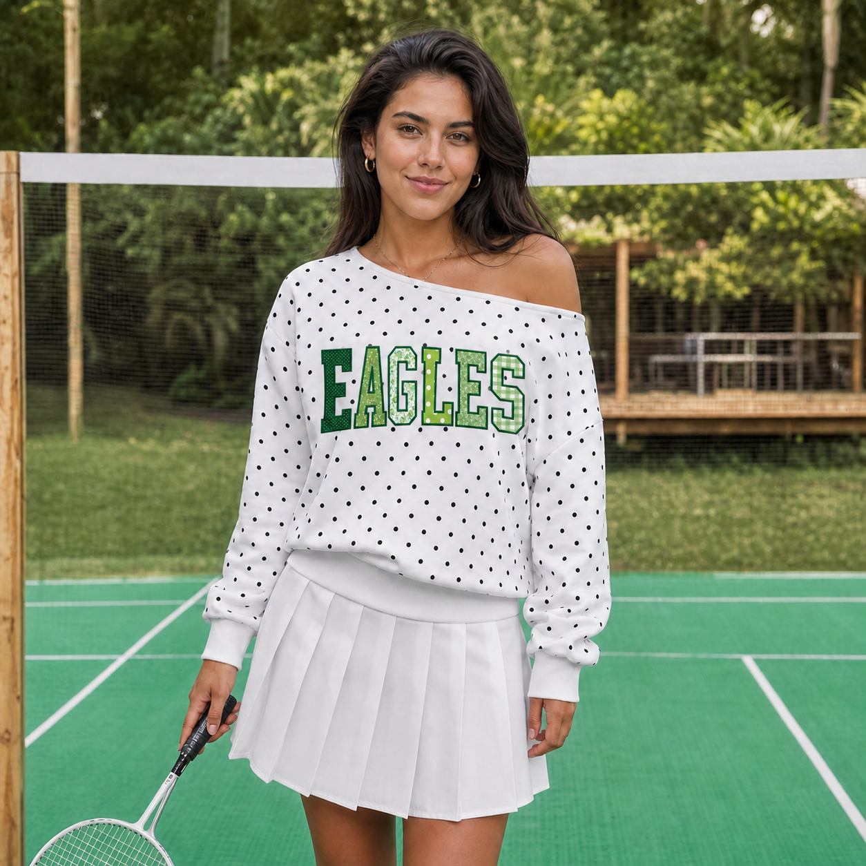 Custom Patchwork Fabric Embroidered Off-Shoulder Polka Dot Sweatshirt |Team and School Name Applique Varsity Letters | Game Day Wear