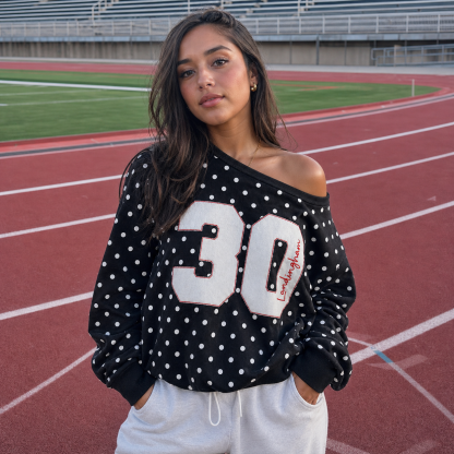 Custom Off-Shoulder Polka Dot Sweatshirt – Personalized Number & Name Embroidered Sweatshirt for Game Day