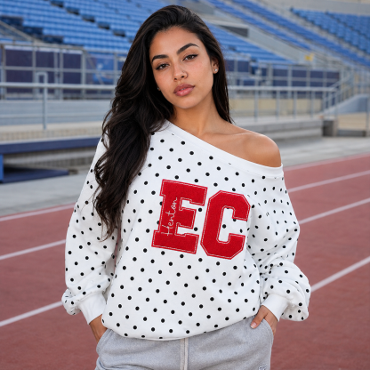 Custom Off-Shoulder Polka Dot Sweatshirt – Personalized Number & Name Embroidered Sweatshirt for Game Day