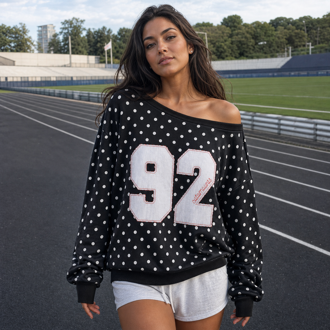 Custom Off-Shoulder Polka Dot Sweatshirt – Personalized Number & Name Embroidered Sweatshirt for Game Day