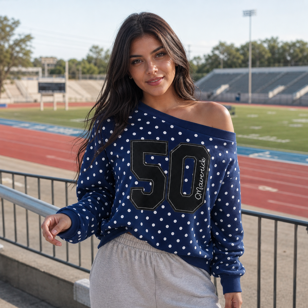 Custom Off-Shoulder Polka Dot Sweatshirt – Personalized Number & Name Embroidered Sweatshirt for Game Day