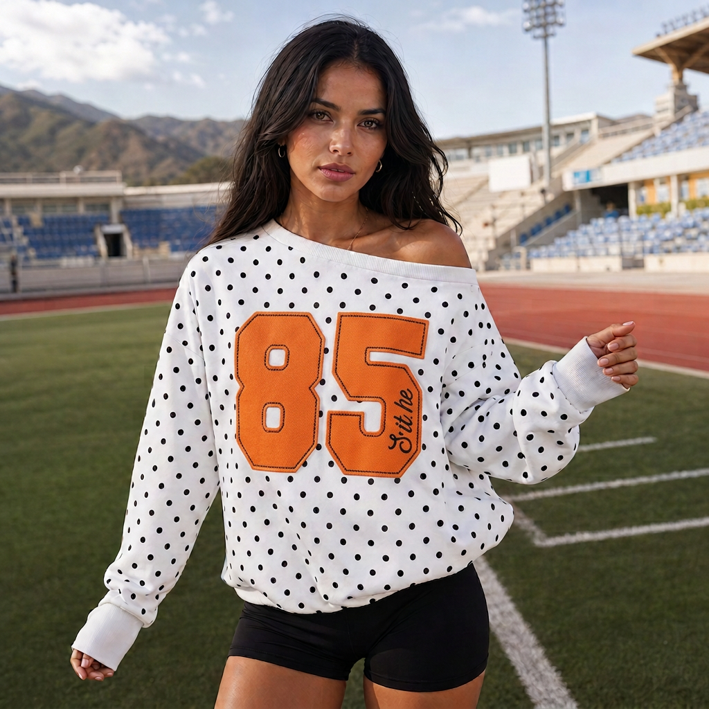 Custom Off-Shoulder Polka Dot Sweatshirt – Personalized Number & Name Embroidered Sweatshirt for Game Day