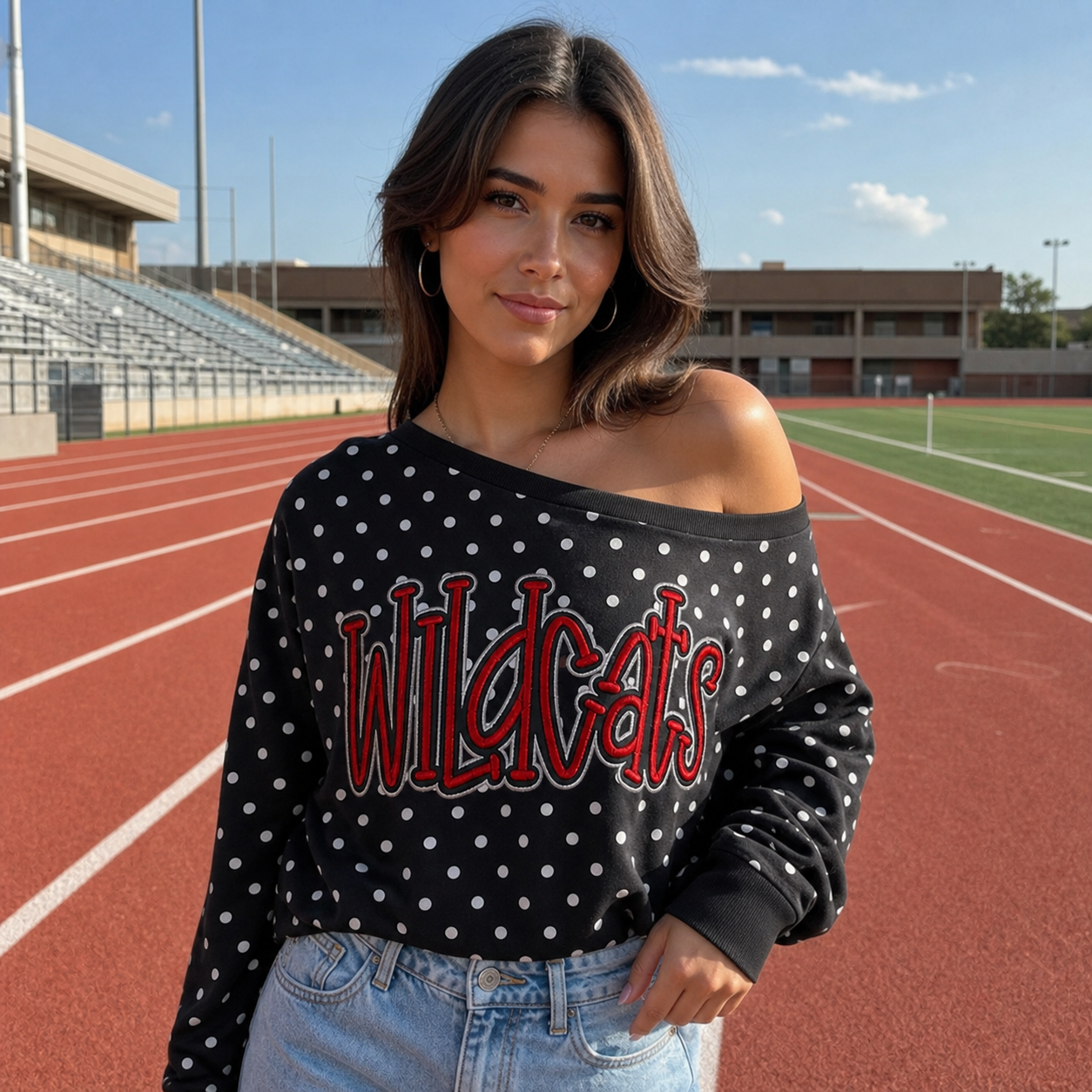 Custom Team Off-Shoulder Polka Dot Sweatshirt | 3D Embroidered Game Day Top | College Spirit Wear