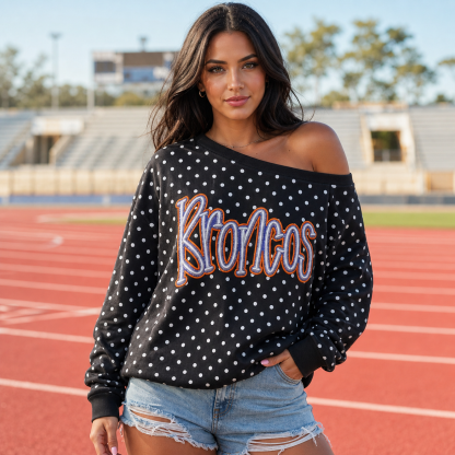 Custom Team Off-Shoulder Polka Dot Sweatshirt | 3D Embroidered Game Day Top | College Spirit Wear