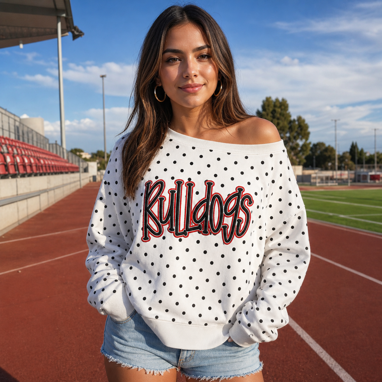 Custom Team Off-Shoulder Polka Dot Sweatshirt | 3D Embroidered Game Day Top | College Spirit Wear