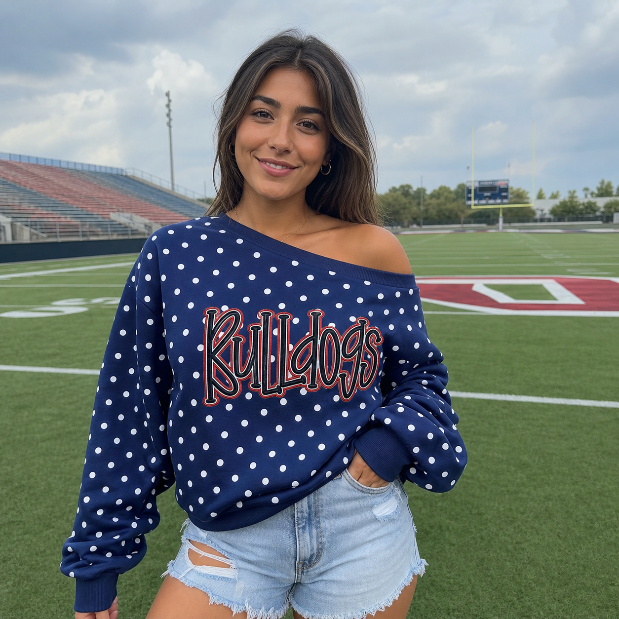 Custom Team Off-Shoulder Polka Dot Sweatshirt | 3D Embroidered Game Day Top | College Spirit Wear