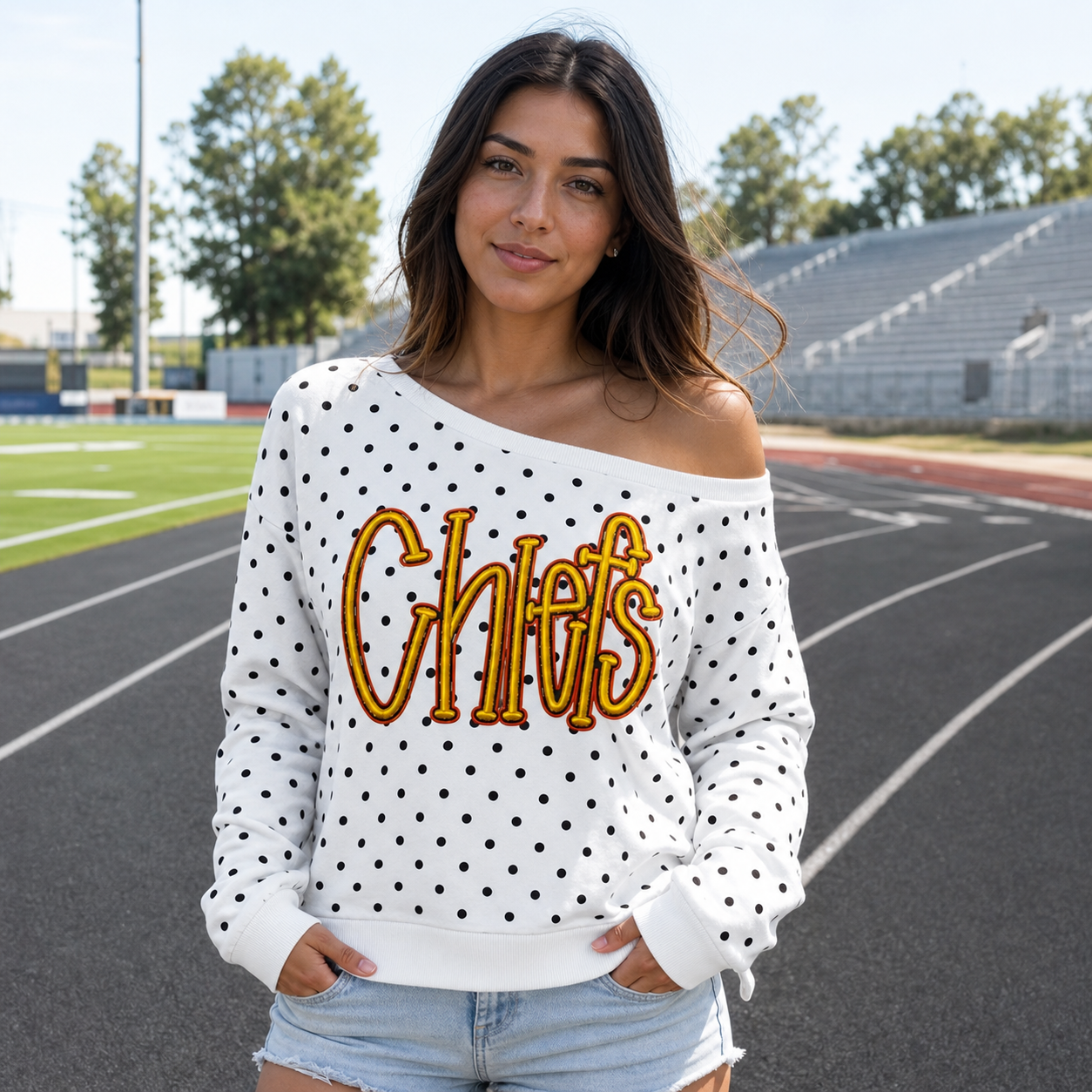 Custom Team Off-Shoulder Polka Dot Sweatshirt | 3D Embroidered Game Day Top | College Spirit Wear