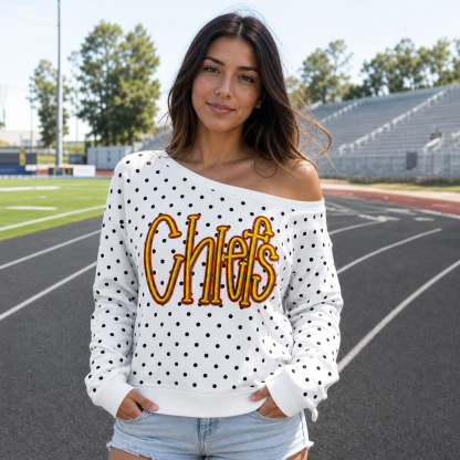 Custom Team Off-Shoulder Polka Dot Sweatshirt | 3D Embroidered Game Day Top | College Spirit Wear