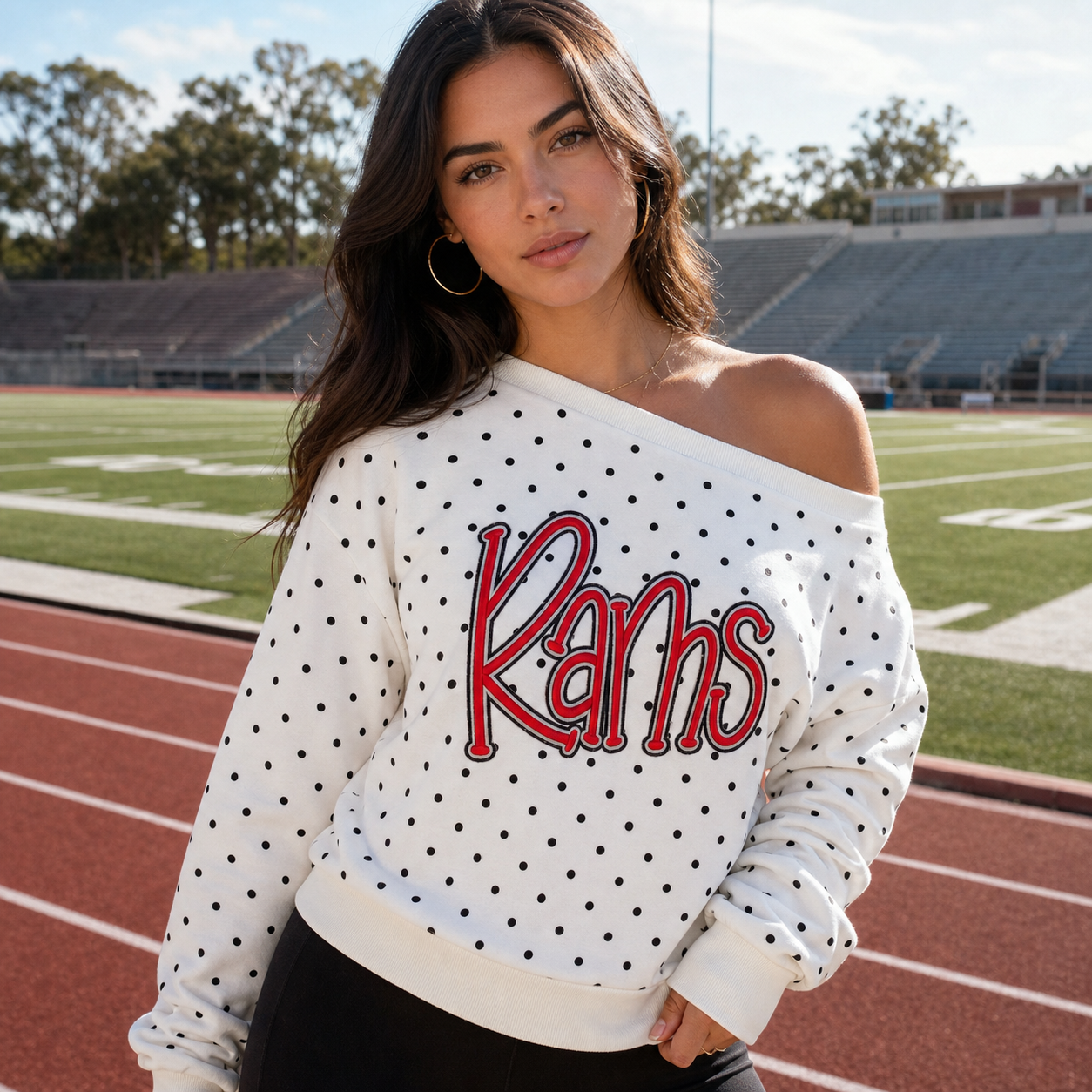 Custom Team Off-Shoulder Polka Dot Sweatshirt | 3D Embroidered Game Day Top | College Spirit Wear