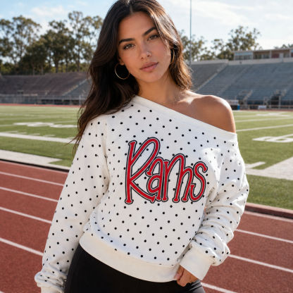 Custom Team Off-Shoulder Polka Dot Sweatshirt | 3D Embroidered Game Day Top | College Spirit Wear