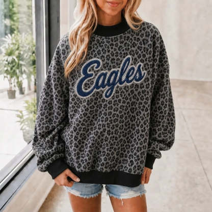 Custom Denim Applique College Team Name Leopard Mockneck Sport Gifts Game Day Gear