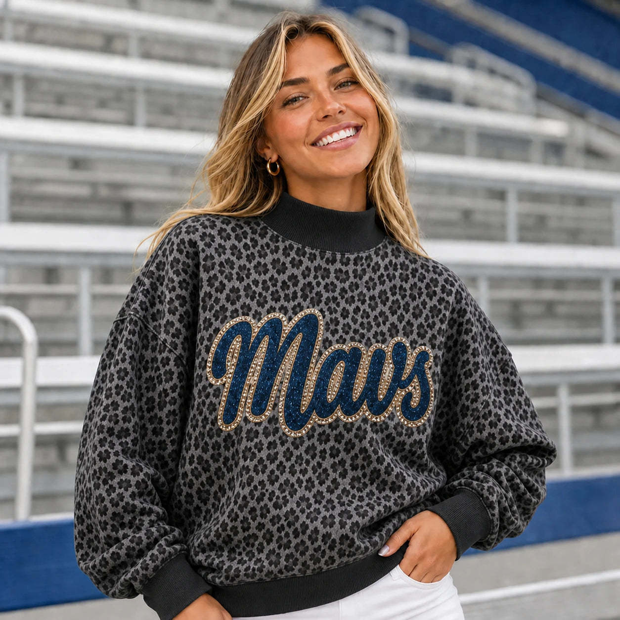 Custom Denim Applique College Team Name Leopard Mockneck Sport Gifts Game Day Gear