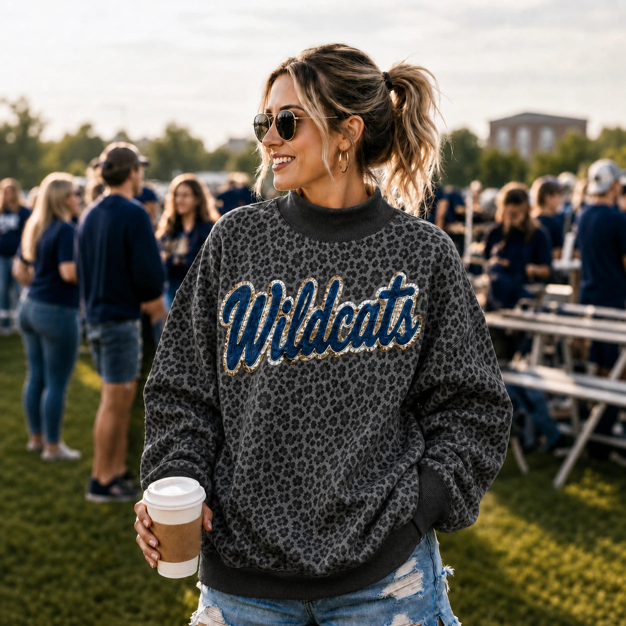 Custom Denim Applique College Team Name Leopard Mockneck Sport Gifts Game Day Gear