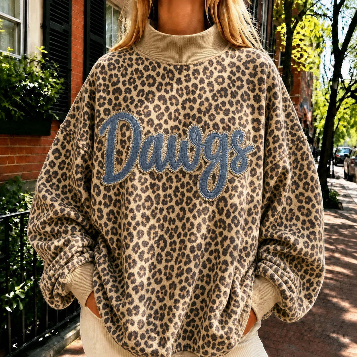 Custom Denim Applique College Team Name Leopard Mockneck Sport Gifts Game Day Gear