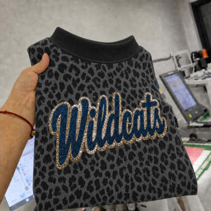 Custom Denim Applique College Team Name Leopard Mockneck Sport Gifts Game Day Gear