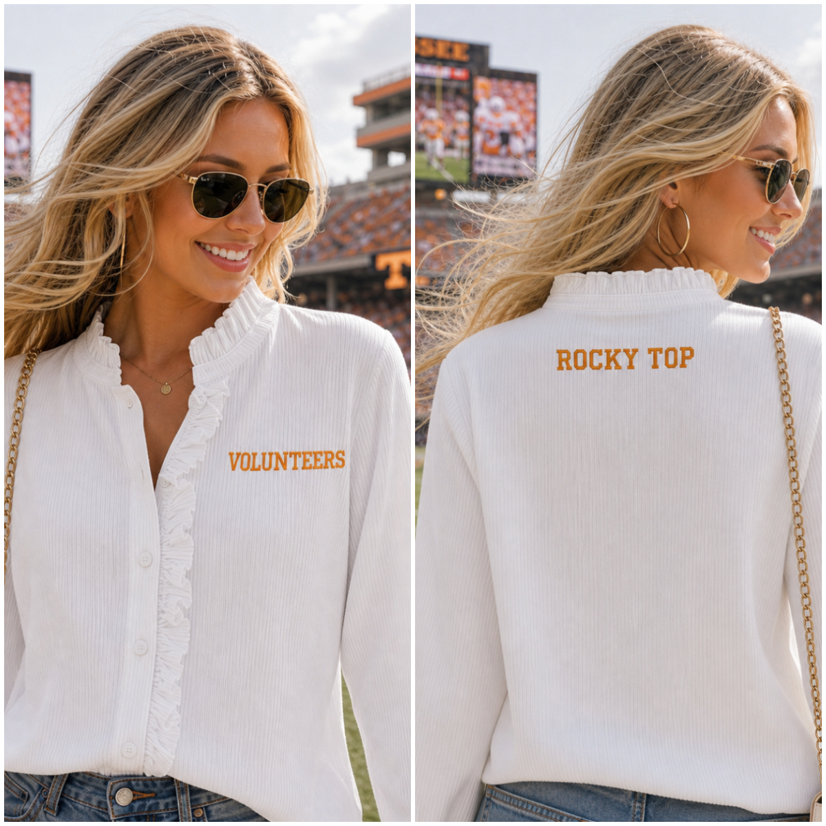 Custom Embroidered Ruffle Trim Game Day Shirt, Personalized Team Name Cardigan-Style Blouse
