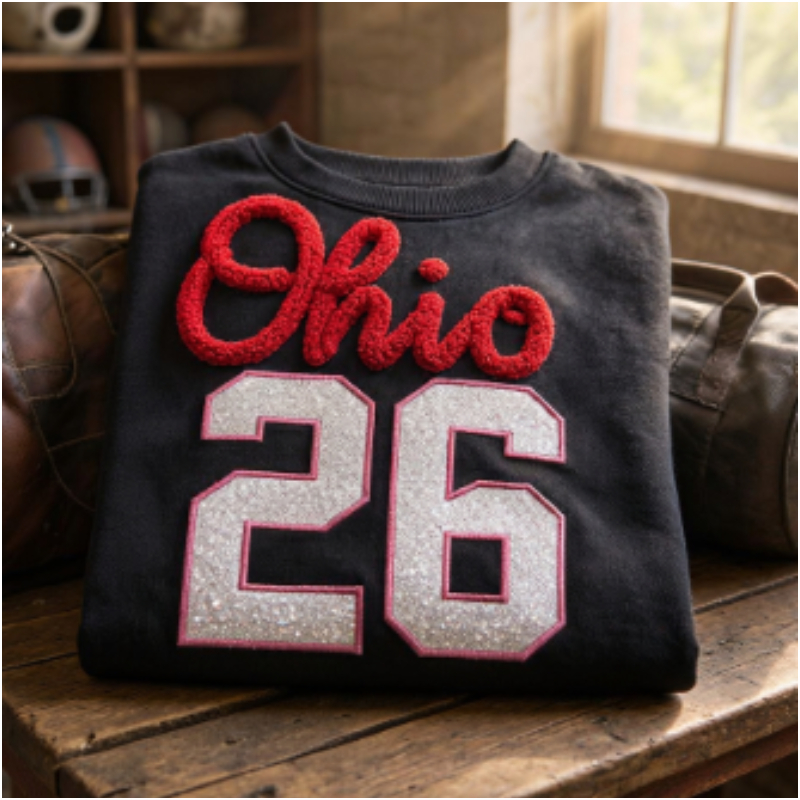 Custom Chenille Embroidered Team Name, Glitter Number Crewneck, Personalized Sports Sweatshirt, Game Day Hoodie