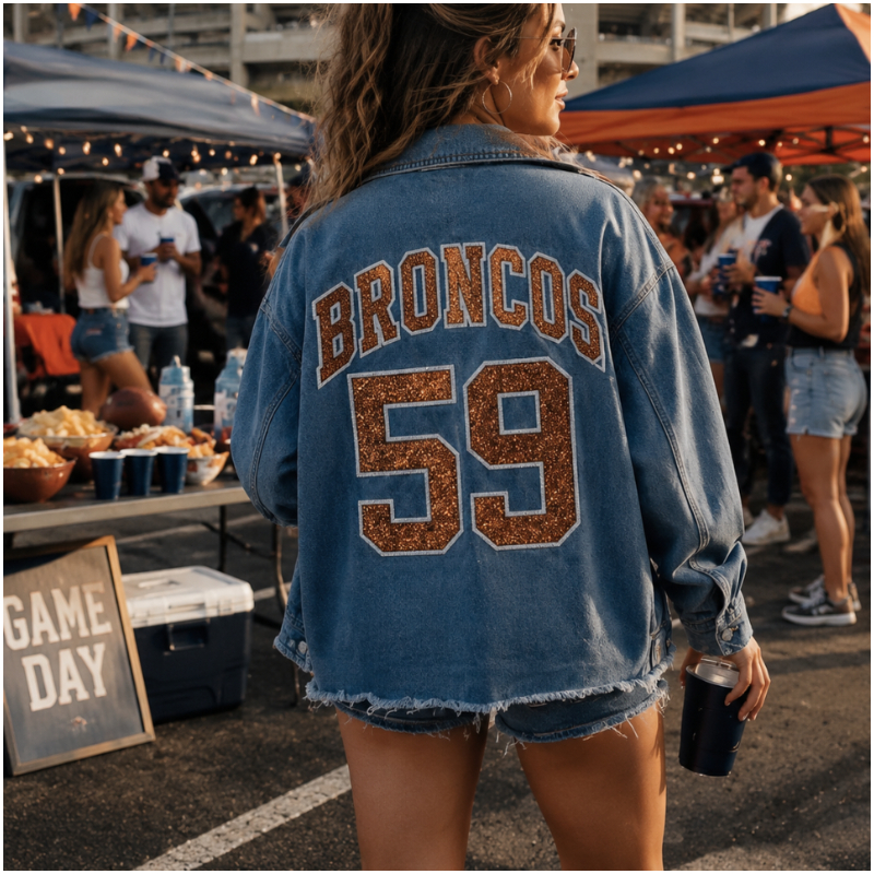Custom College Game Day Denim Jacket, Personalized Varsity Letter Jacket with Sequin Number, Tailgate Outfit for Football Fans