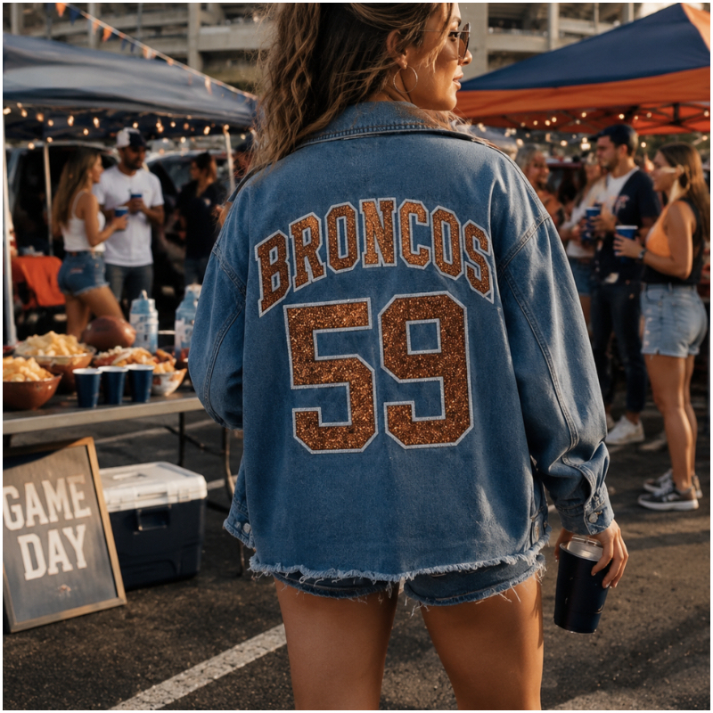 Custom College Game Day Denim Jacket, Personalized Varsity Letter Jacket with Sequin Number, Tailgate Outfit for Football Fans