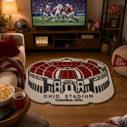 Custom College Football Stadium Rug with Team & Location, Sports Floor Mat for Home, Game Room & Man Cave