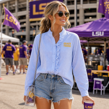 Custom Embroidered Ruffle Trim Game Day Shirt, Personalized Team Name Cardigan-Style Blouse