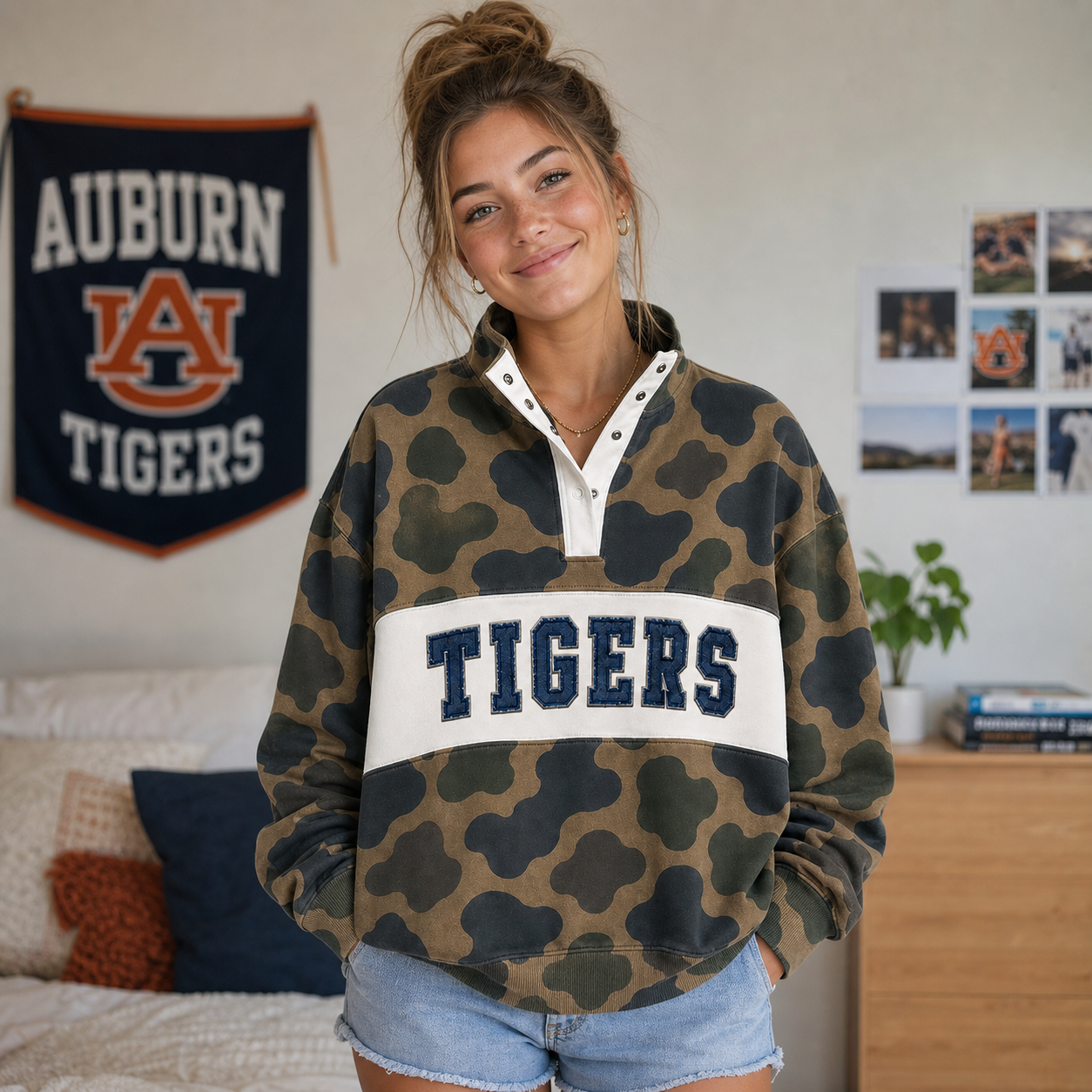 Custom Denim Applique Team Name Embroidered Camo Snap Pullover Sweatshirt-Game Day Style